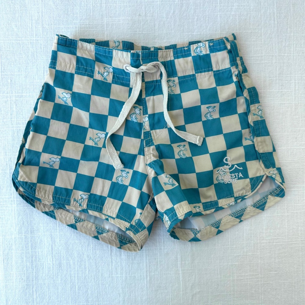 Seaesta Surf Peanuts Snoopy Skateboard Checkered Board Shorts Teal Cream Kids 3T